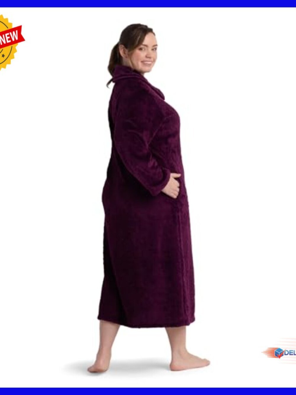 Long Fleece Robe with Zipper Front Closure and Side Pockets - Picture 4 of 4
